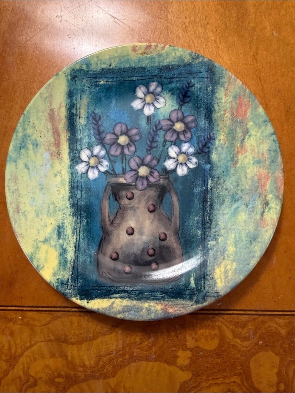 Decorative Floral Vase Wall Plate - Teal, Yellow & Brown